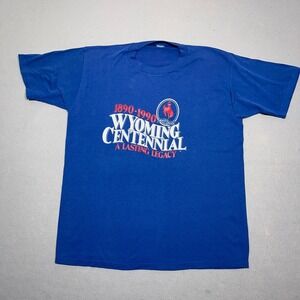 VTG Wyoming Centenial 1990 Men Shirt Size Medium Blue Single Stitch T Shirt